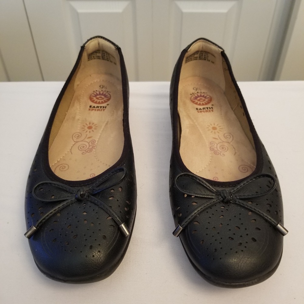 Earth Spirit Gelron Black Ballet Flats Perforated Bow Slip On Shoes Womens 9.5